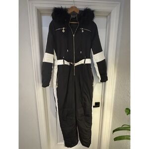 Womens Ski Suit XL Sports Waterproof Snowsuit Faux Fur Hood Black White SS4